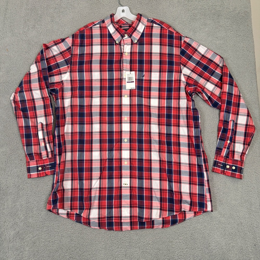 NWT Nautica Mens 2XLT Sailor Red Plaid Long Sleeve Button Down Cotton Shirt